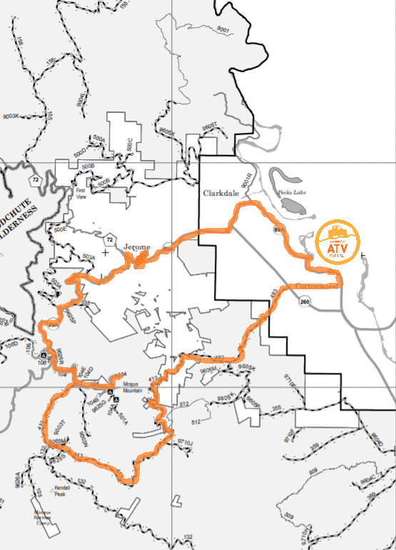 Mingus Mountain to Jerome ATV Trail Map - Vortex ATV Rental Overview map of Mingus Mountain off-road Trail to Jerome from Vortex ATV Rental