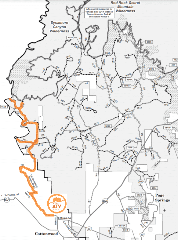 Map of Sycamore Canyon OHV Trail - Vortex ATV Rental Overview map of Sycamore Canyon of Arizona from Vortex ATV Rental