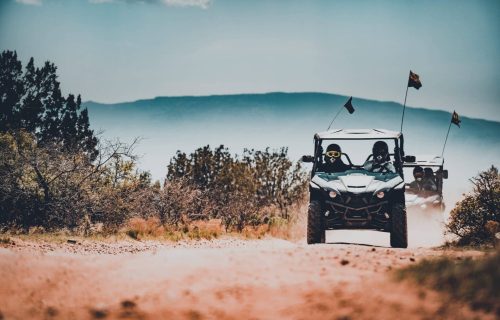 2-seater atv rental off-roading with view of Mingus Mountain in background